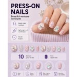 Nude‑Pink Short Square Press‑On Nails, Gentle Style False Nails with 3D Flowers, Hearts, Pearls & Glitter Rhinestones